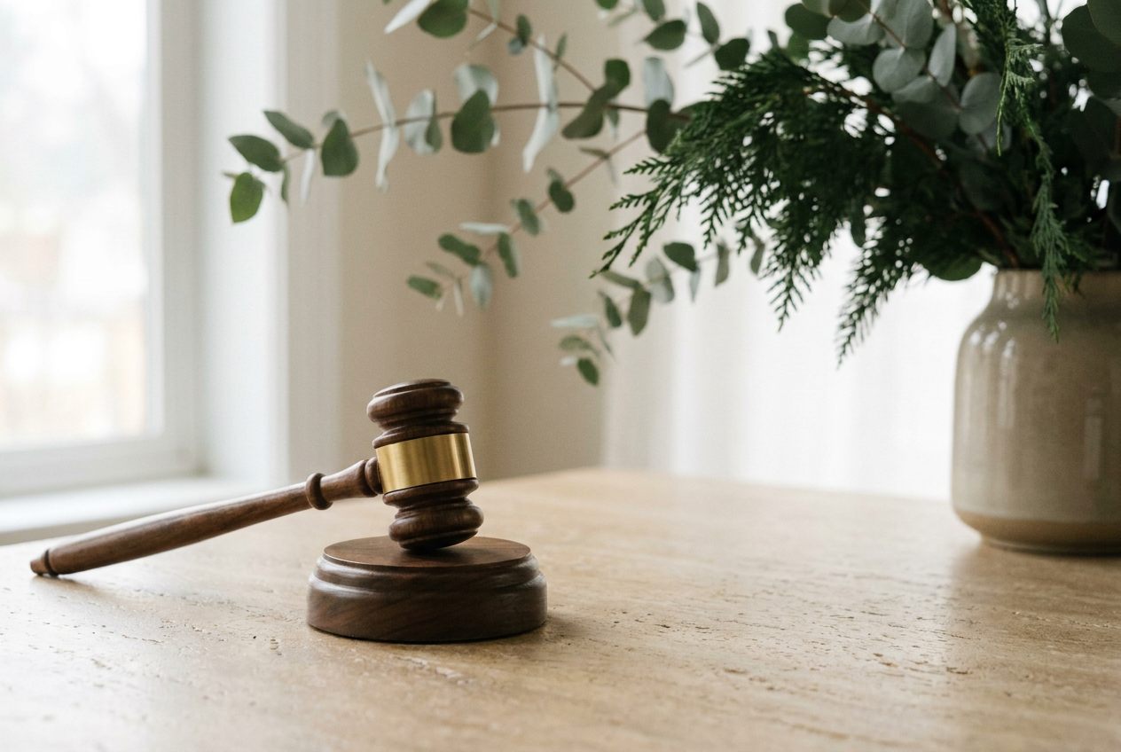 A wooden judge's gavel resting on a desk