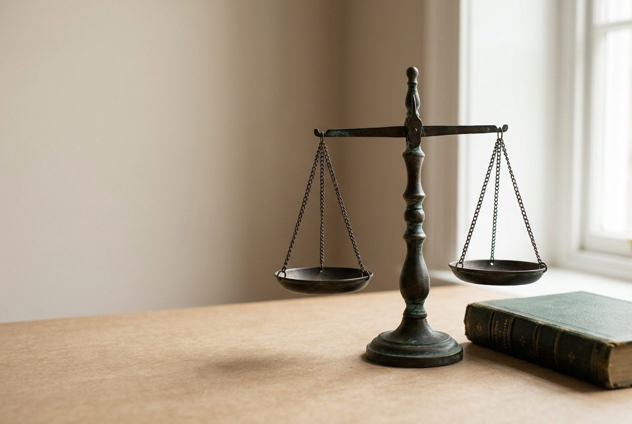 Balanced scales of justice beside a leather-bound law book