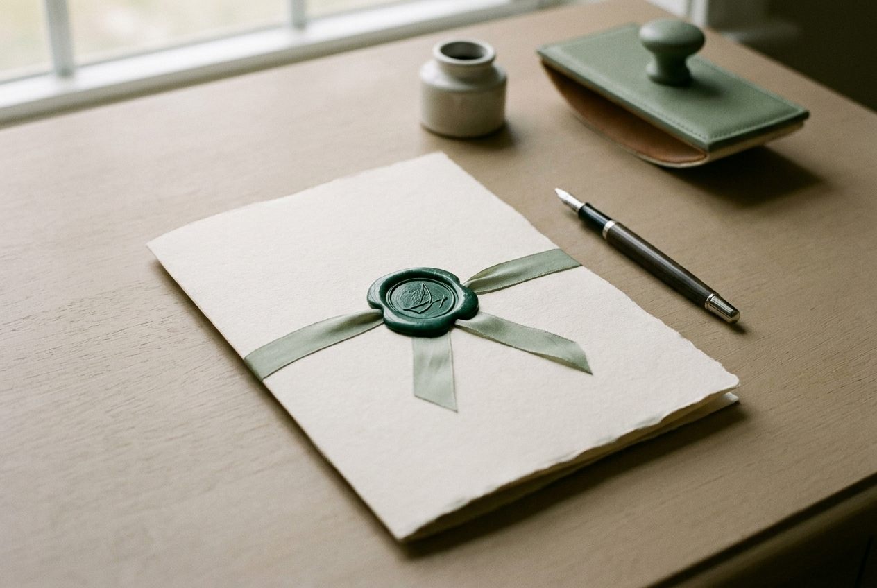 A formal contract sealed with green wax beside a fountain pen